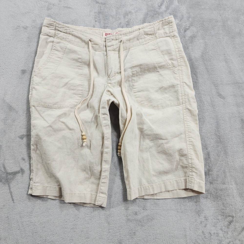 Guess Jeans Shorts Womens 27 Beige Bermuda Linen Blend Drawstring Casual Summer